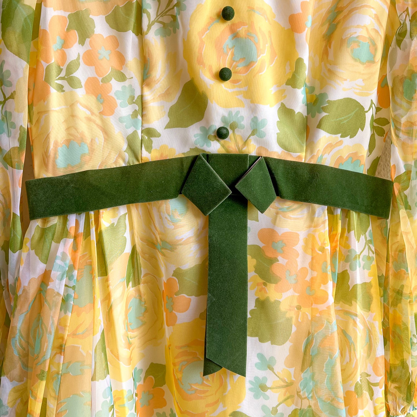 1970s Yellow and Green Floral Chiffon Gown (M)