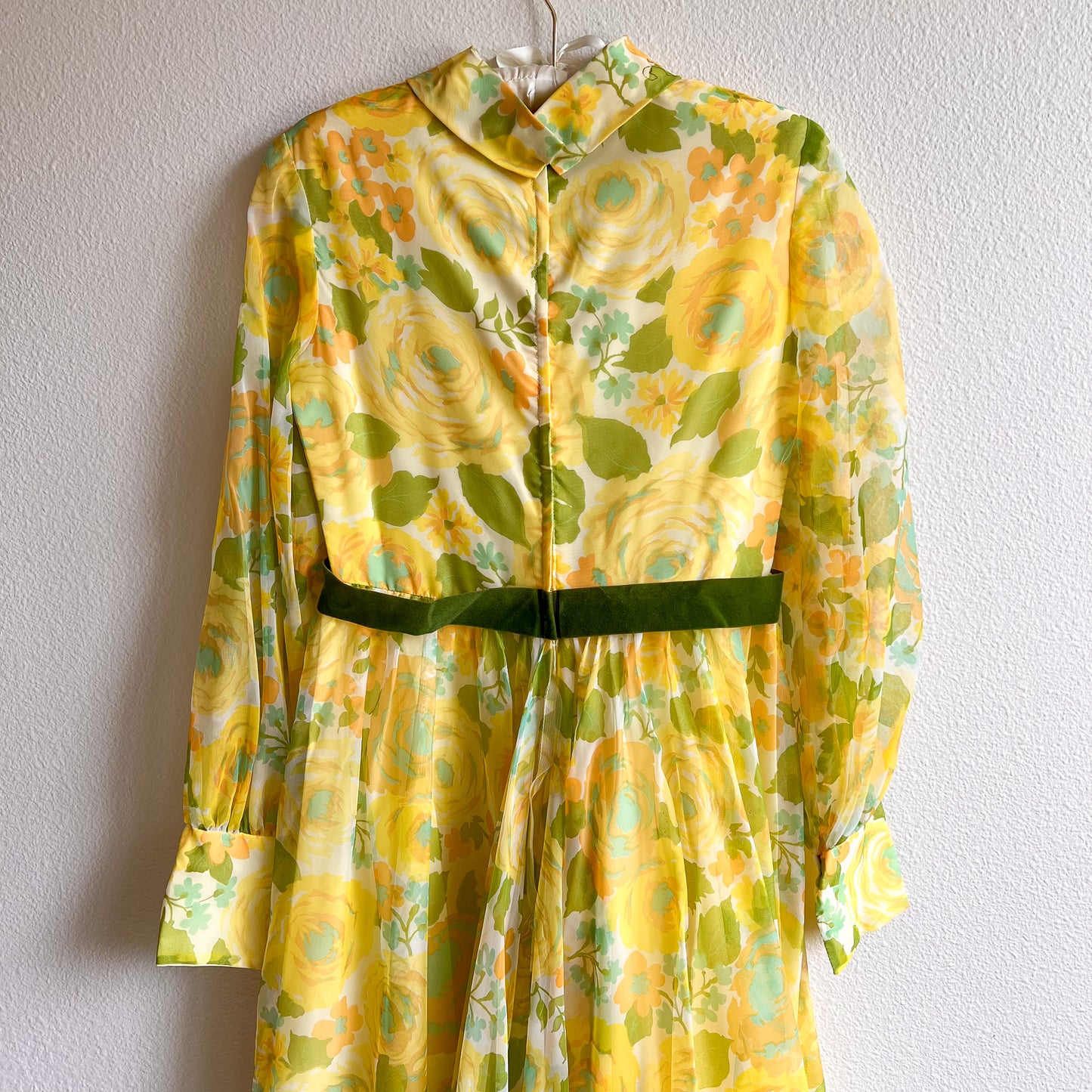 1970s Yellow and Green Floral Chiffon Gown (M)