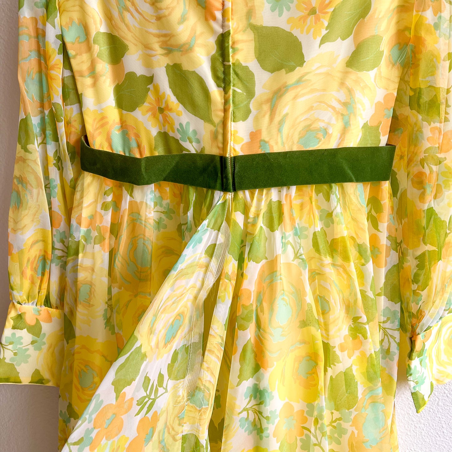 1970s Yellow and Green Floral Chiffon Gown (M)