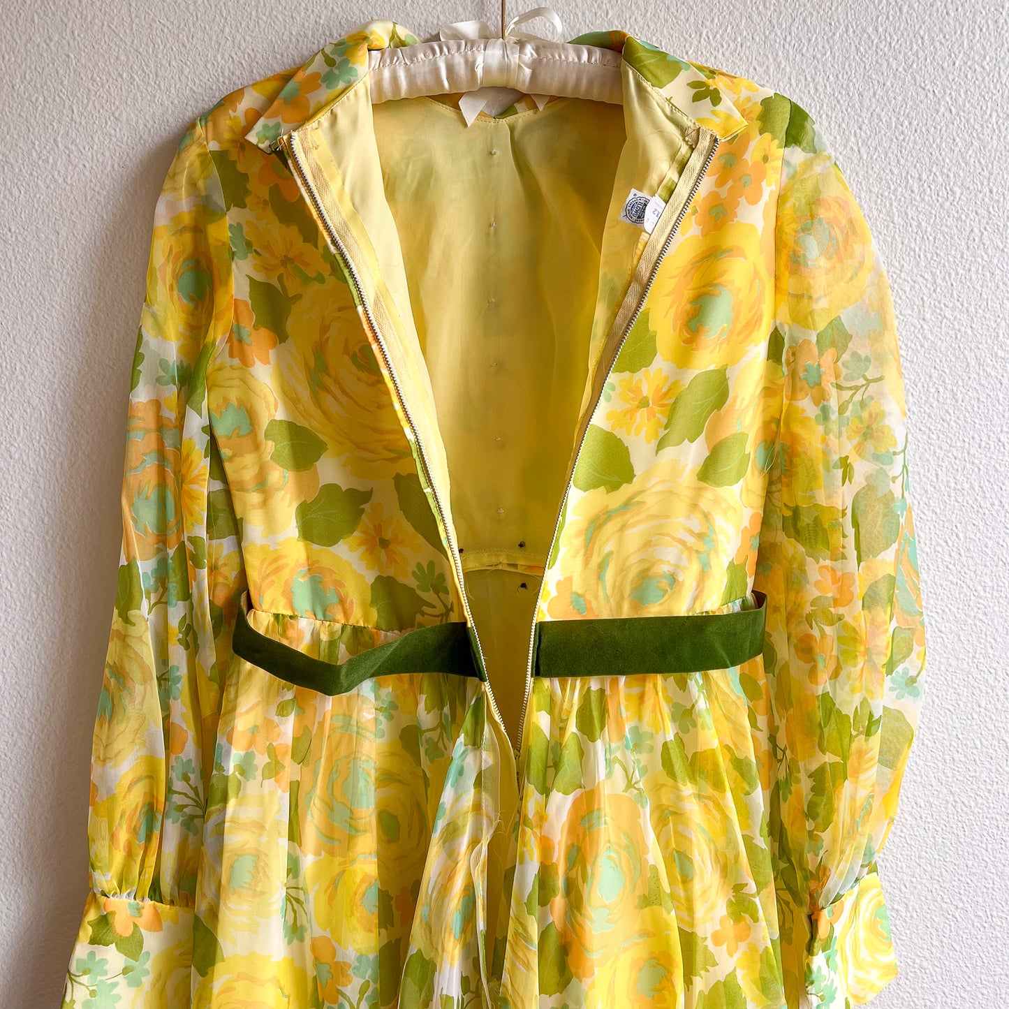 1970s Yellow and Green Floral Chiffon Gown (M)