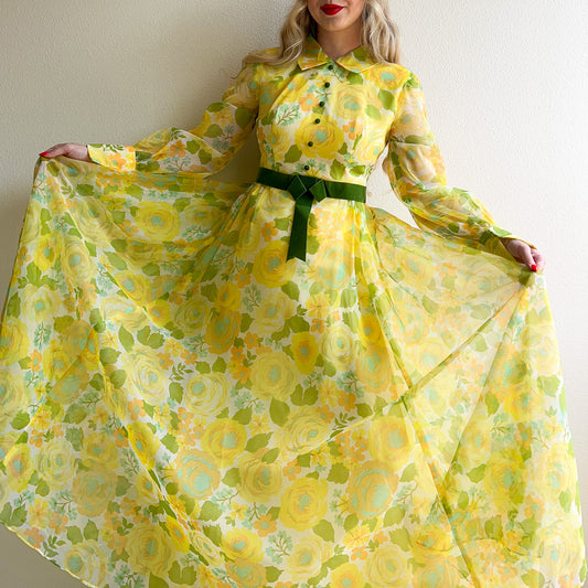 1970s Yellow and Green Floral Chiffon Gown (M)