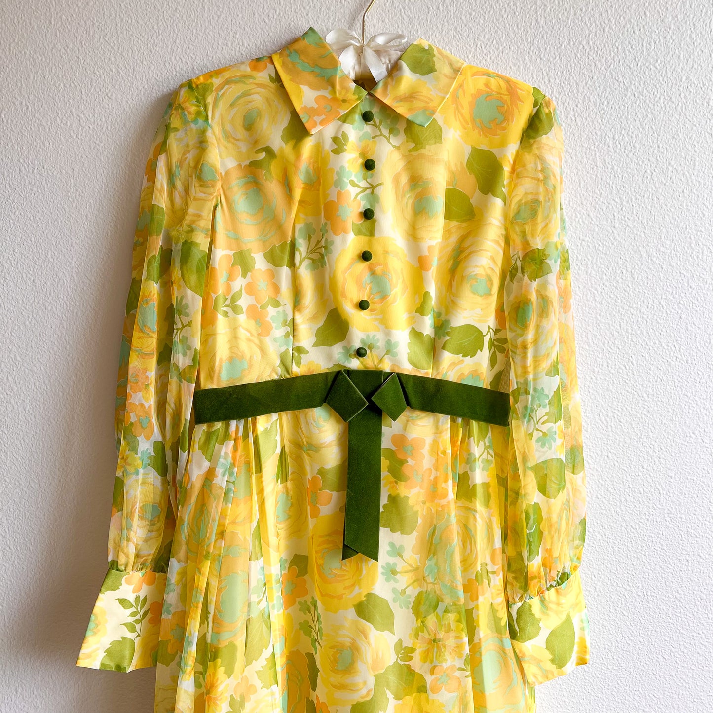 1970s Yellow and Green Floral Chiffon Gown (M)