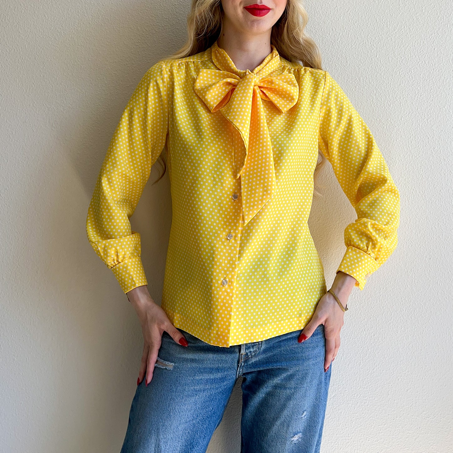 1970s Yellow Polka Dot Tie Blouse (M/L)