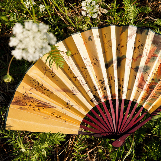 1970s Hundred Cranes Gold Silk Fan