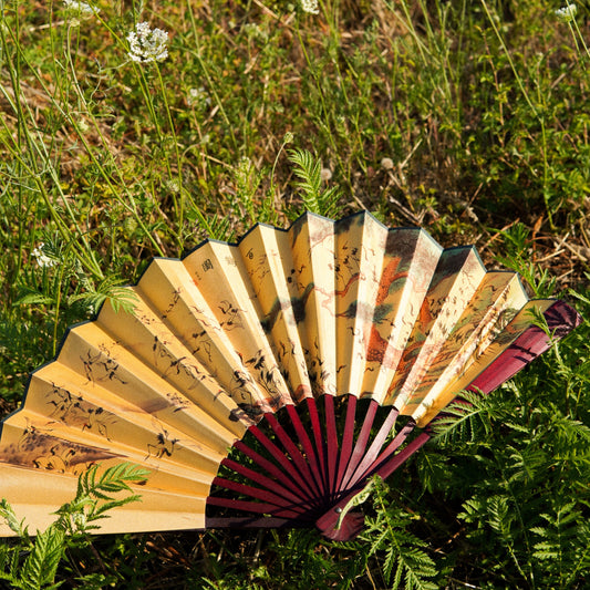 1970s Hundred Cranes Gold Silk Fan