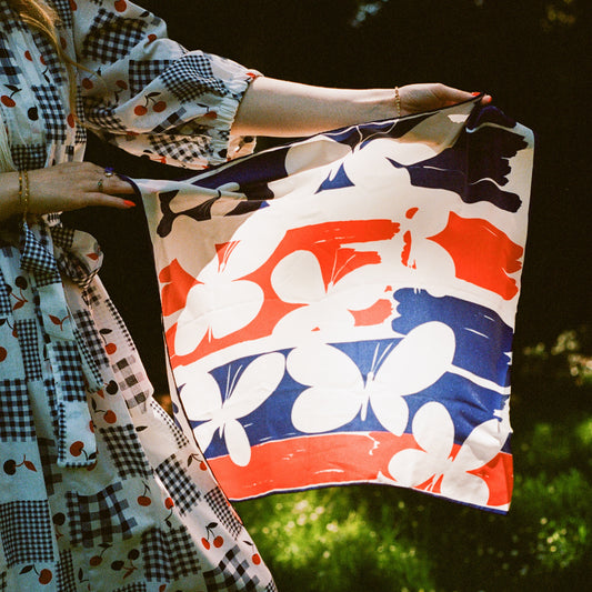 1970s Vera Red, White, and Blue Butterfly Scarf