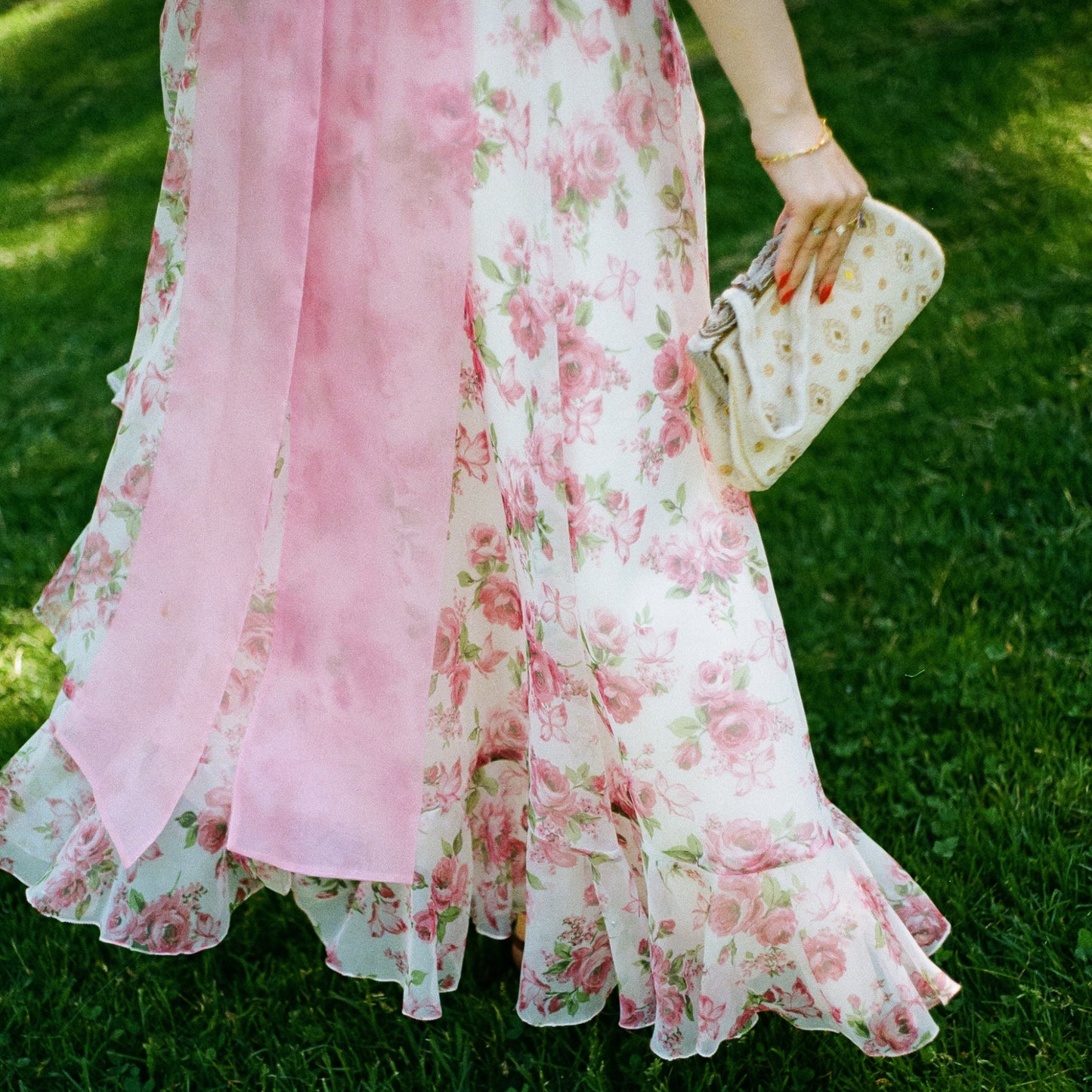 Cute 1970s Pink Floral Chiffon Gown With Pink Bow (XS/S)