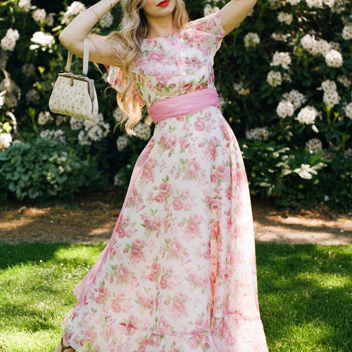 Cute 1970s Pink Floral Chiffon Gown With Pink Bow (XS/S)