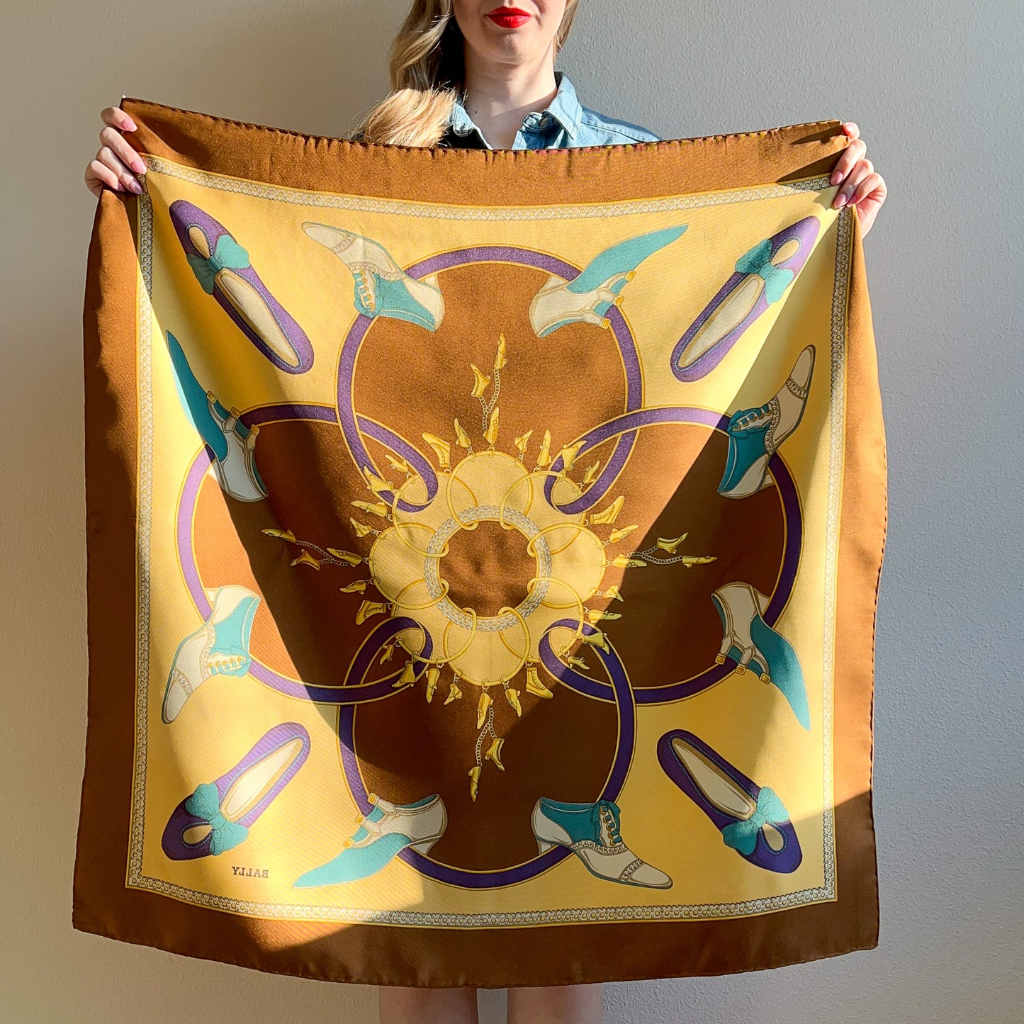 1980s Brown Bally Silk Scarf With Decorative Shoes