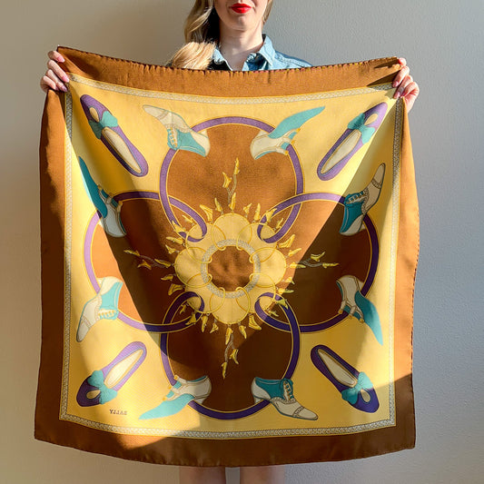 1980s Brown Bally Silk Scarf With Decorative Shoes