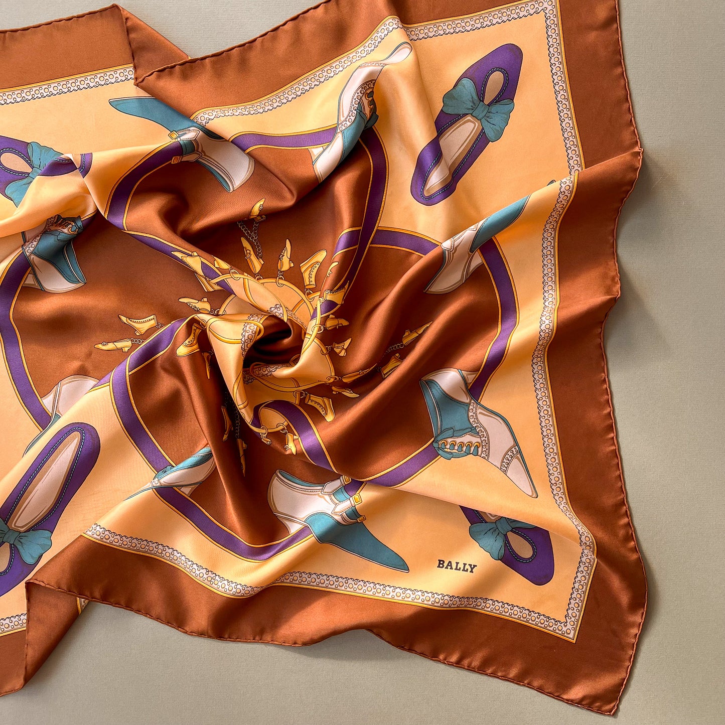 1980s Brown Bally Silk Scarf With Decorative Shoes