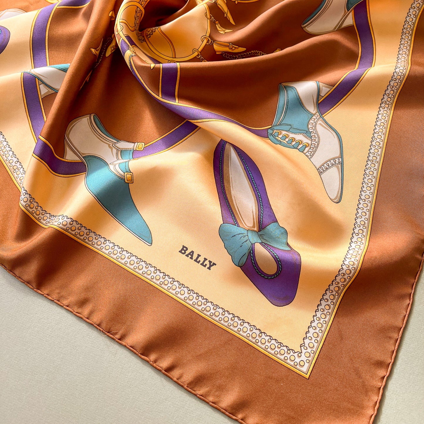 1980s Brown Bally Silk Scarf With Decorative Shoes