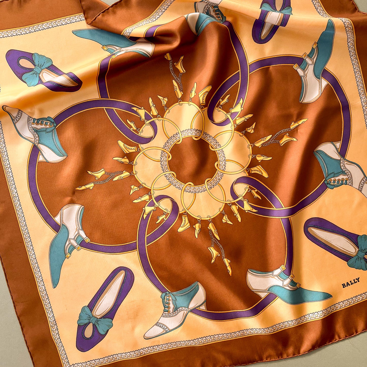1980s Brown Bally Silk Scarf With Decorative Shoes