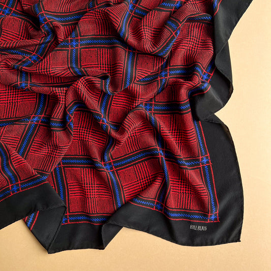 1980s Bill Blass Red and Black Plaid Silk Scarf