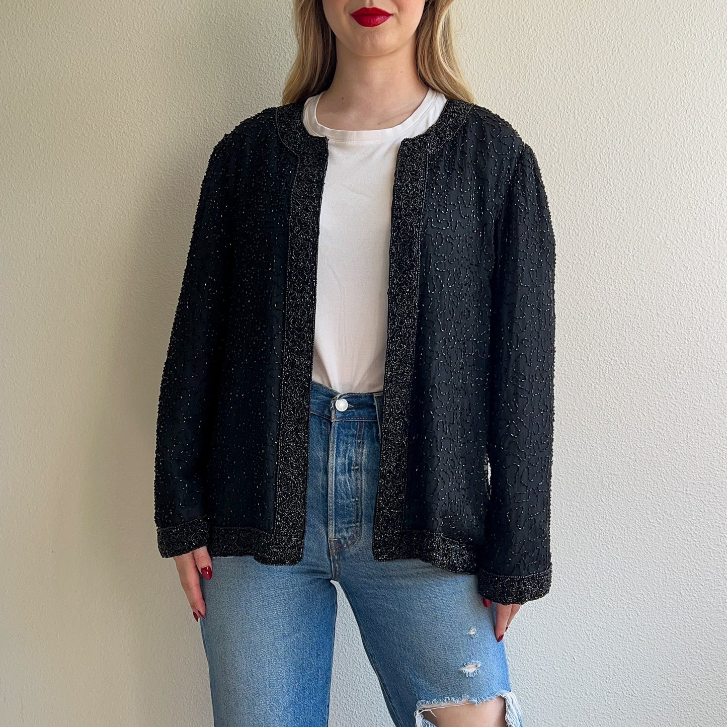 Stunning 1980s Black Beaded Party Jacket (L/XL)