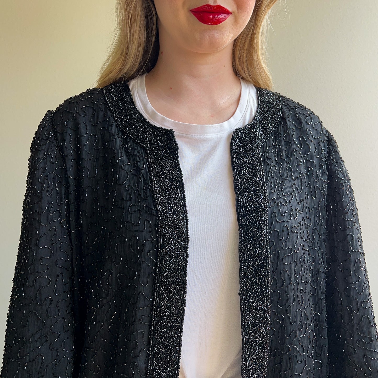Stunning 1980s Black Beaded Party Jacket (L/XL)
