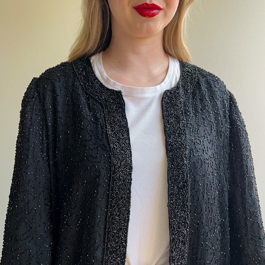 Stunning 1980s Black Beaded Party Jacket (L/XL)