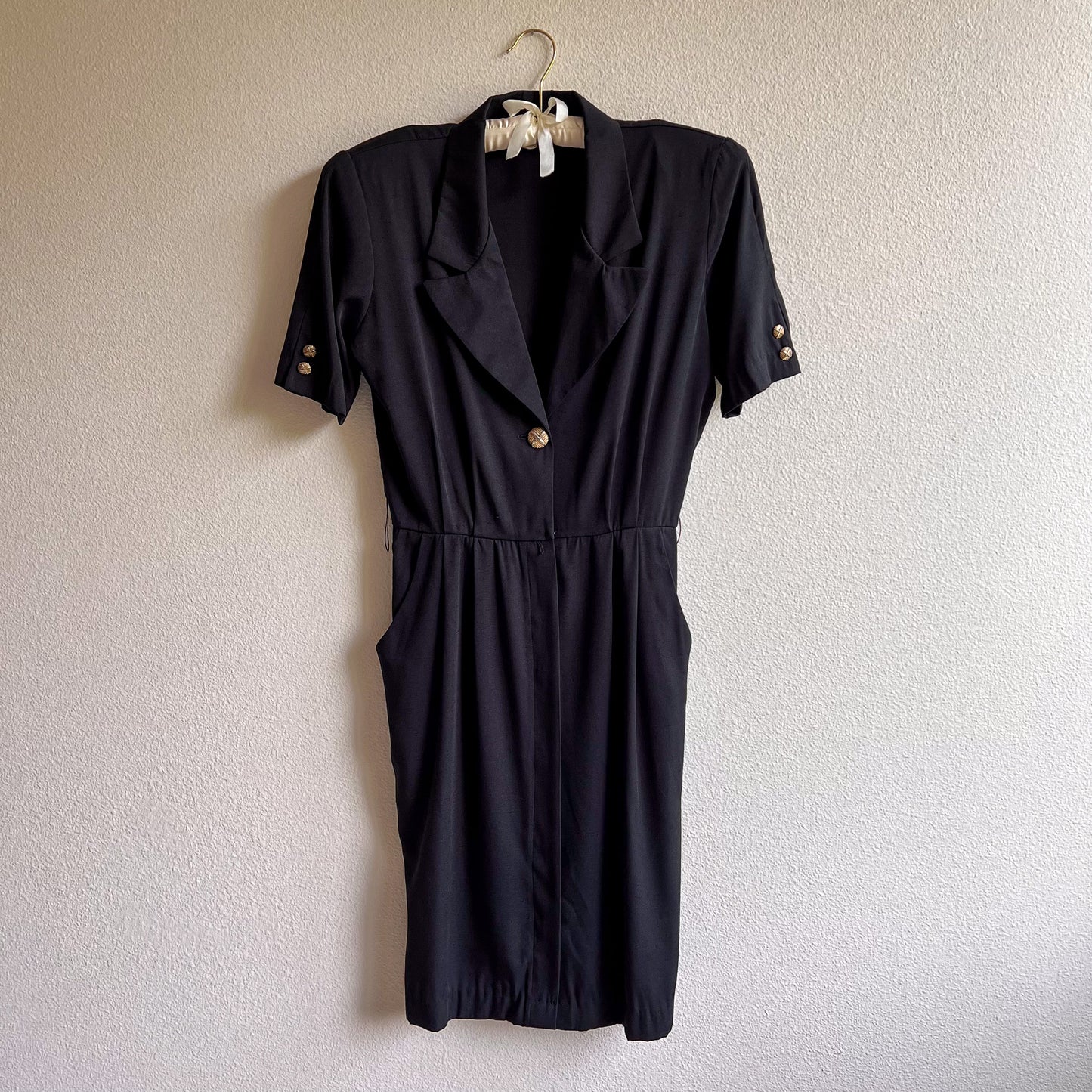 1980s Black Belted Dress With Gold Buttons (M)