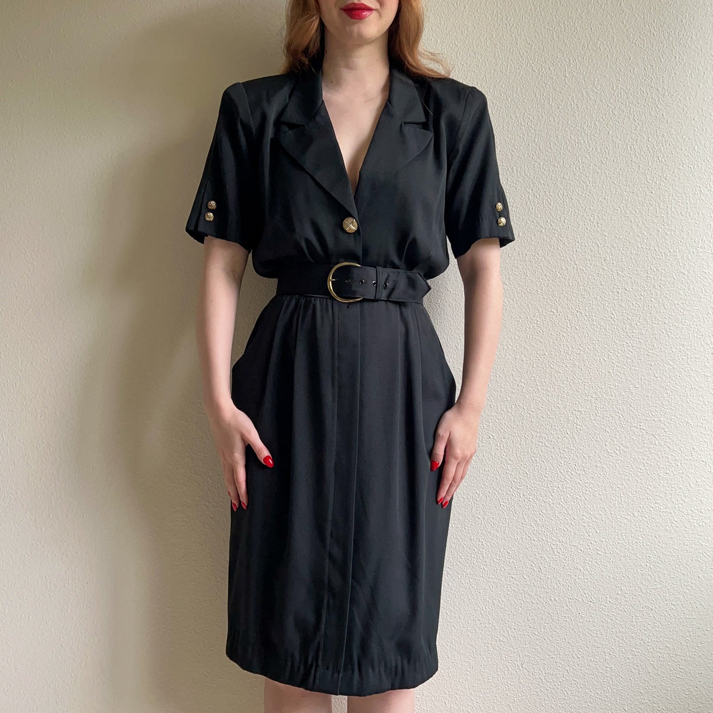 1980s Black Belted Dress With Gold Buttons (M)