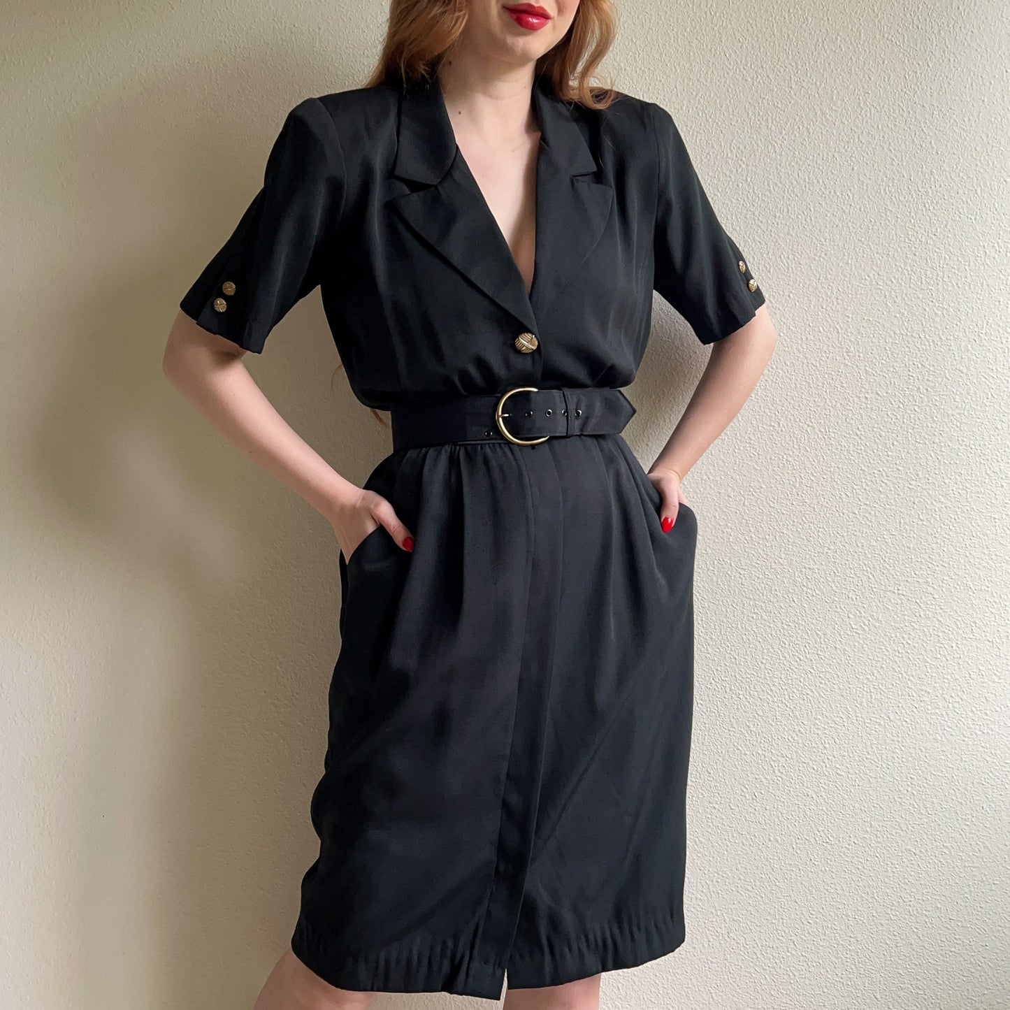 1980s Black Belted Dress With Gold Buttons (M)