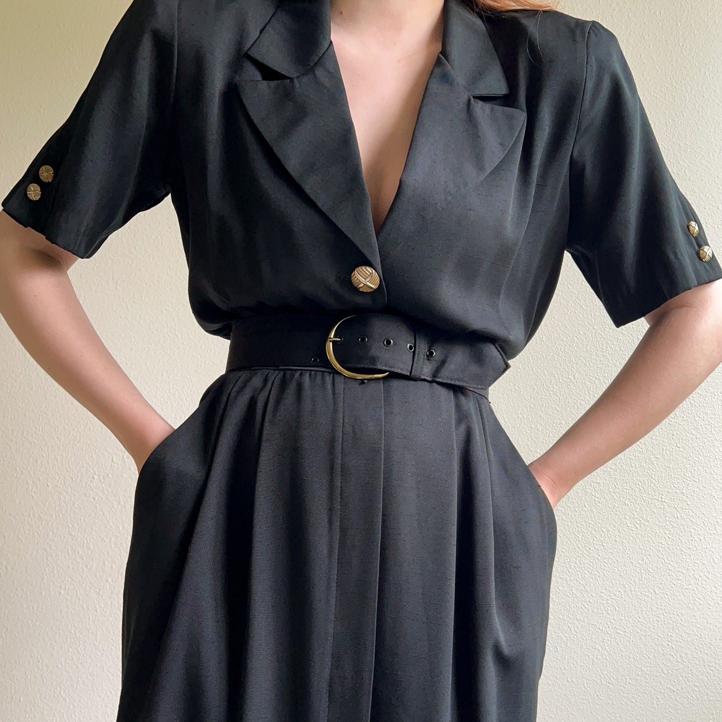 1980s Black Belted Dress With Gold Buttons (M)