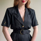 1980s Black Belted Dress With Gold Buttons (M)