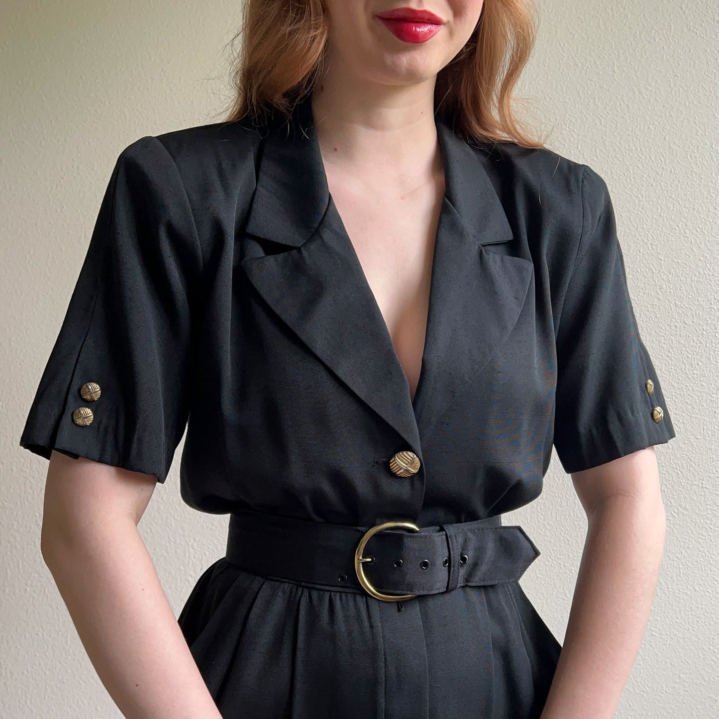 1980s Black Belted Dress With Gold Buttons (M)