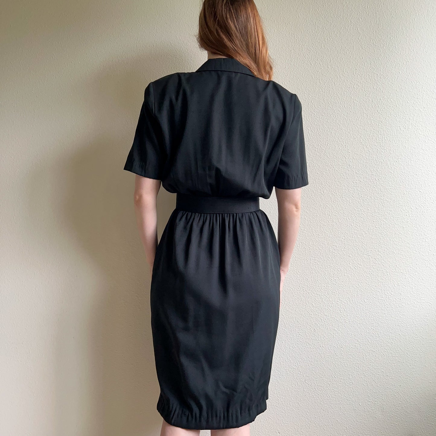 1980s Black Belted Dress With Gold Buttons (M)