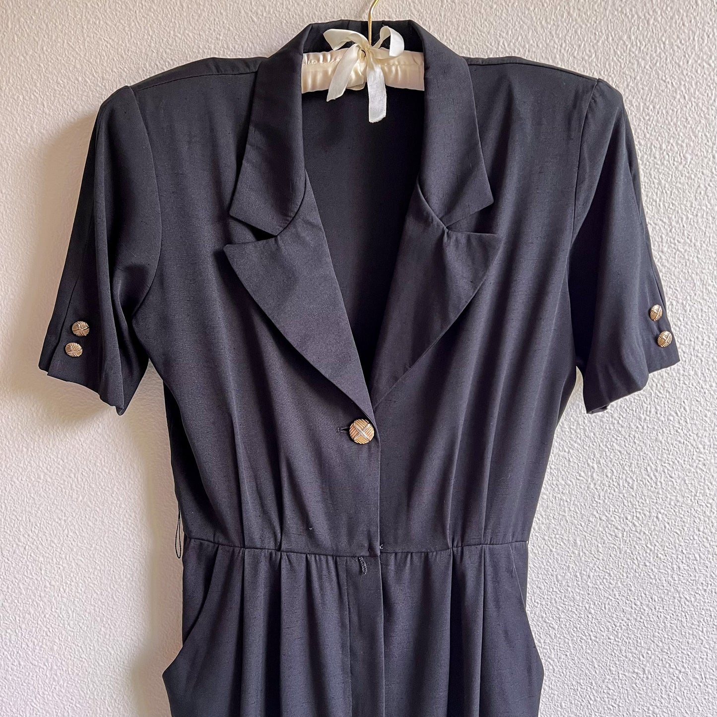 1980s Black Belted Dress With Gold Buttons (M)