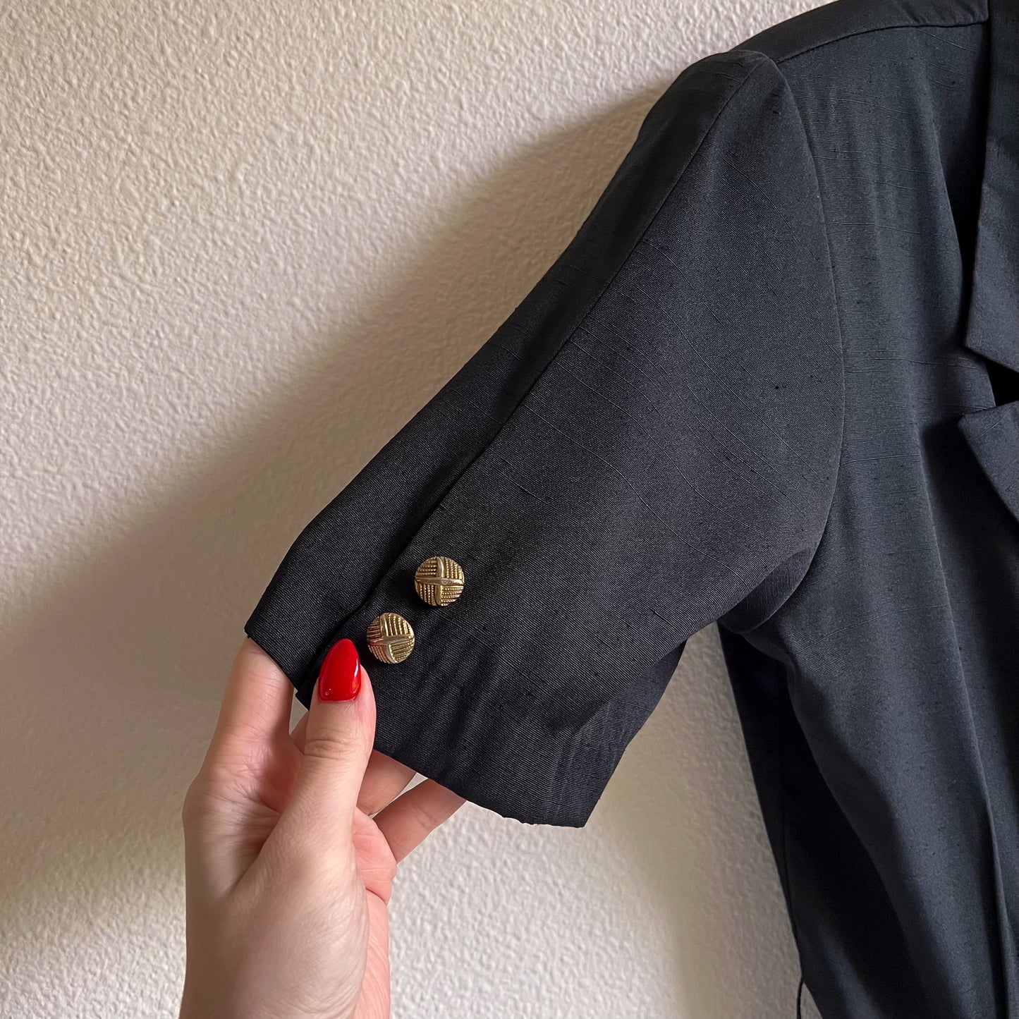 1980s Black Belted Dress With Gold Buttons (M)