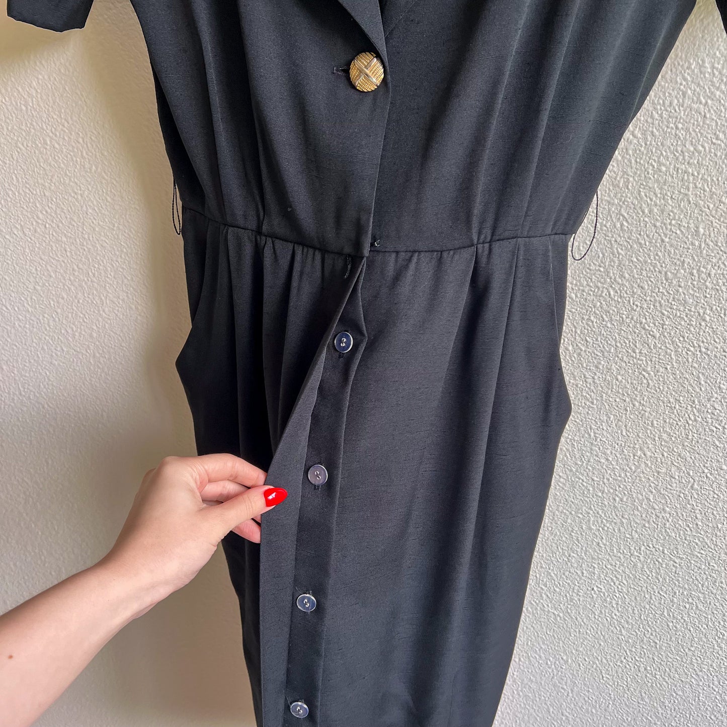 1980s Black Belted Dress With Gold Buttons (M)