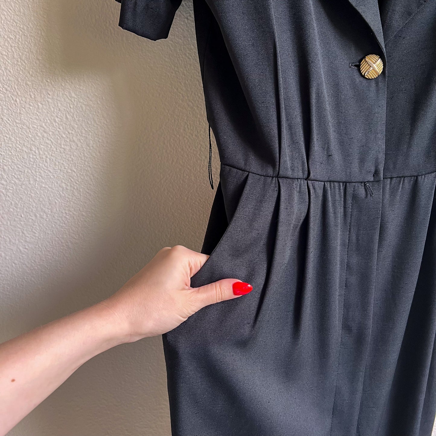 1980s Black Belted Dress With Gold Buttons (M)