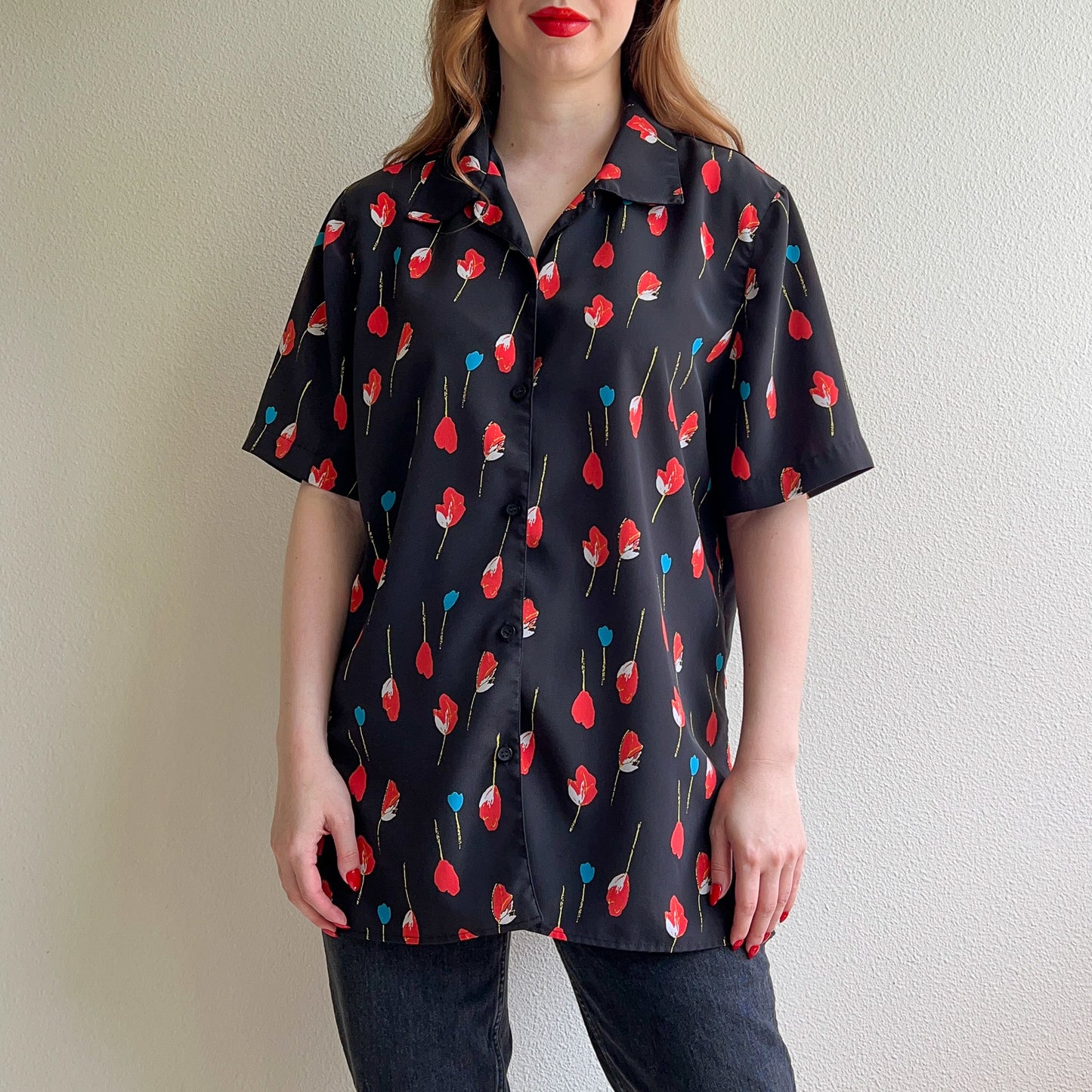 1980s Black Button Down With Red Tulips (L/XL)