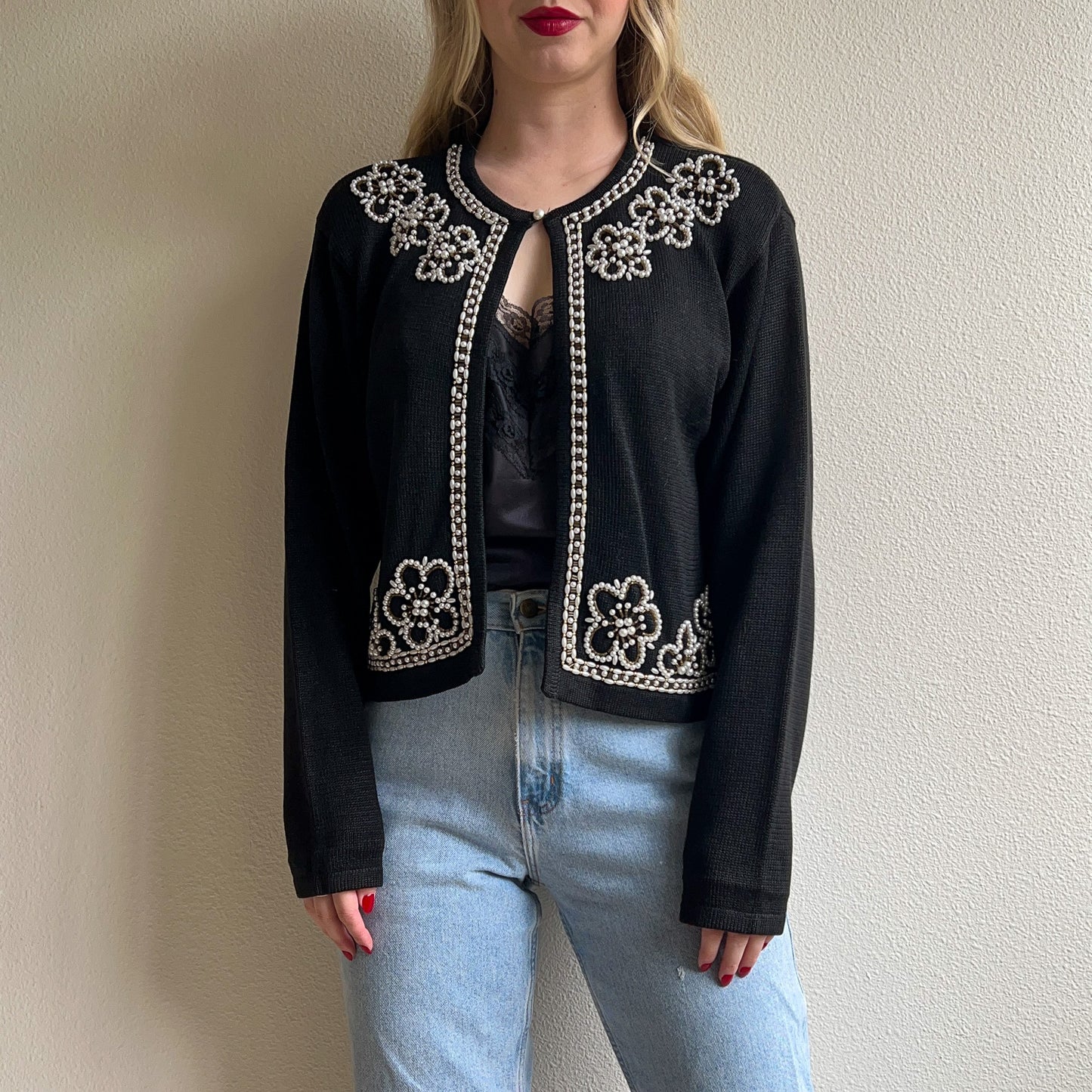 1980s Black Open Cardigan With Pearl Embellishments (M/L)