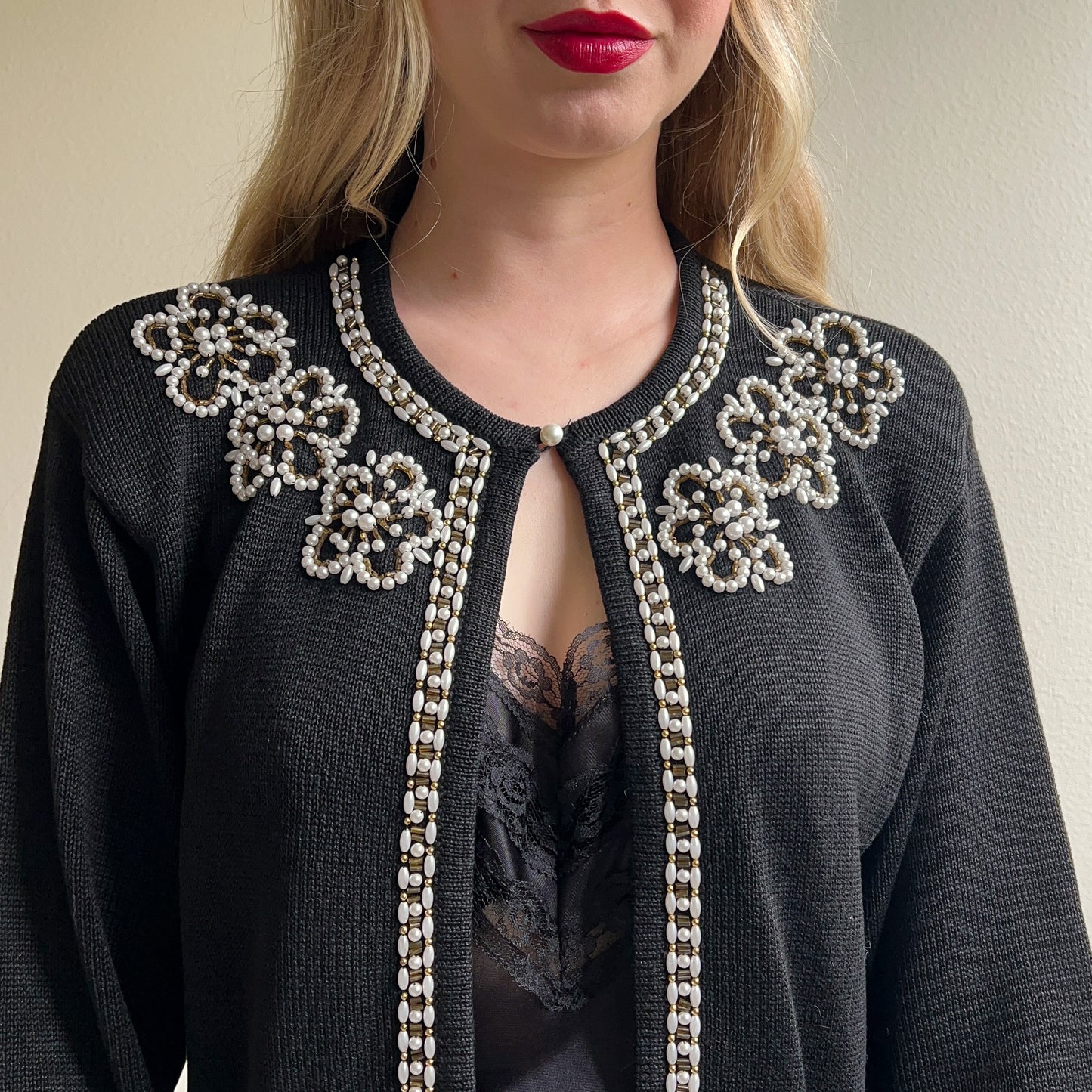 1980s Black Open Cardigan With Pearl Embellishments (M/L)