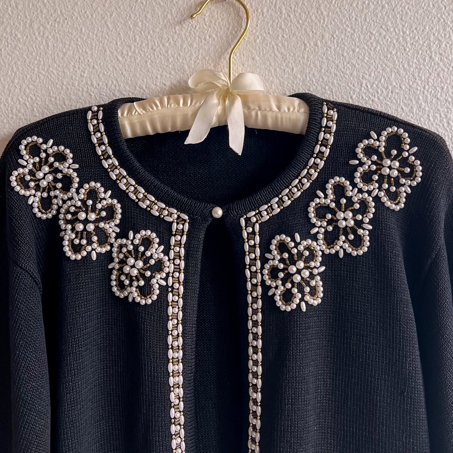 1980s Black Open Cardigan With Pearl Embellishments (M/L)