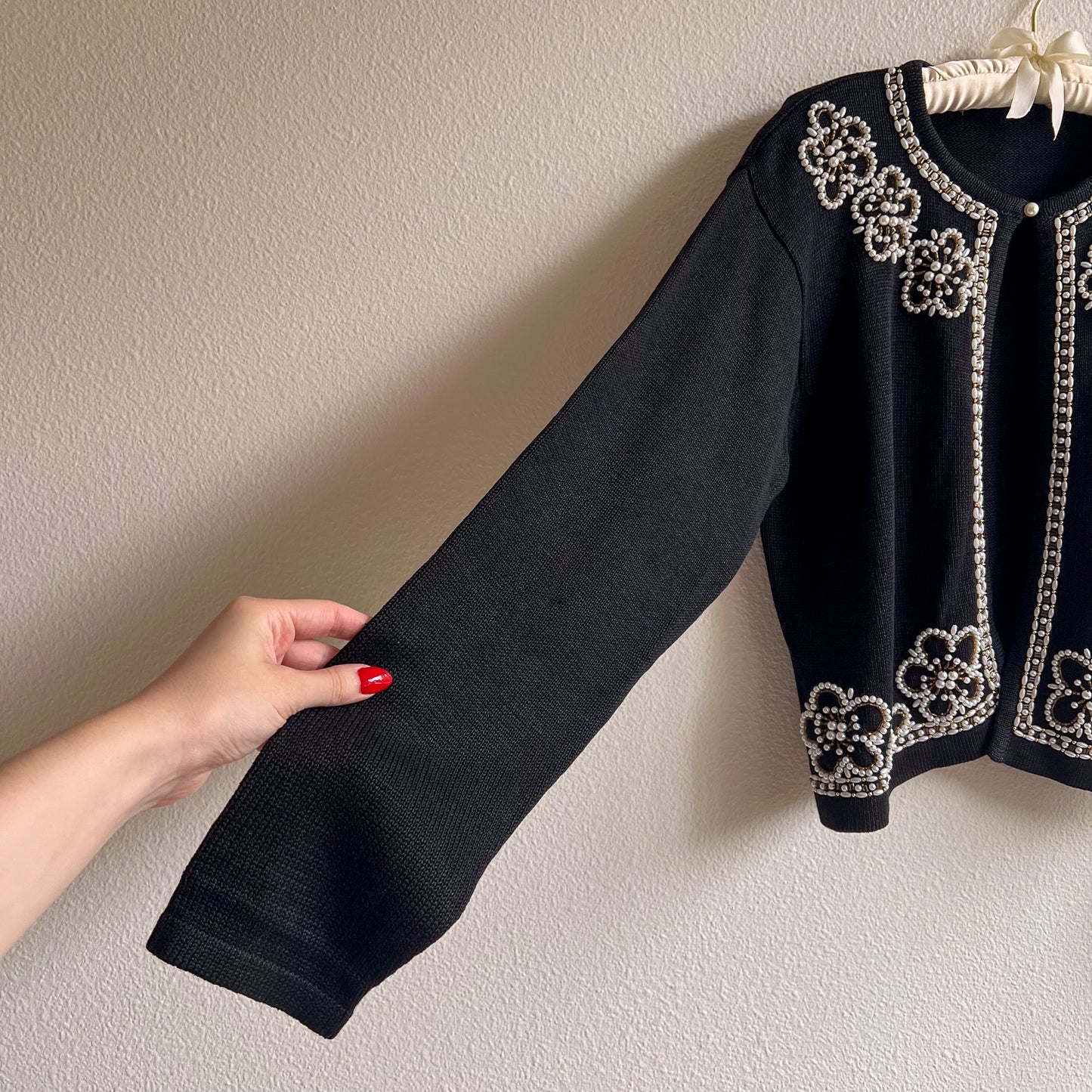 1980s Black Open Cardigan With Pearl Embellishments (M/L)