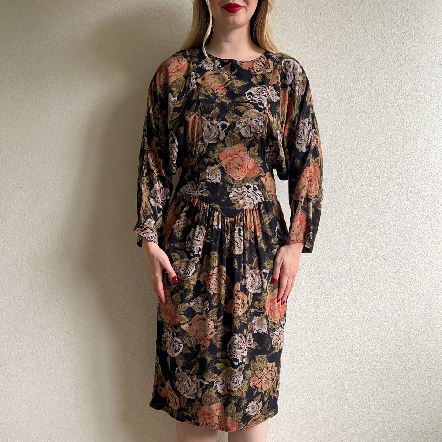 1980s Black Dress With Autumnal Rose Print (M)