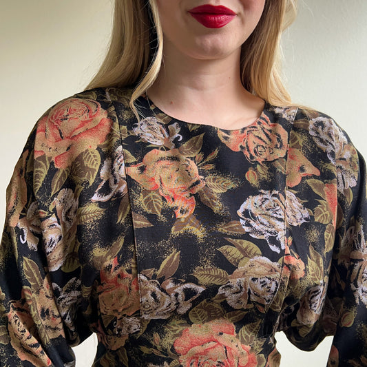 1980s Black Dress With Autumnal Rose Print (M)