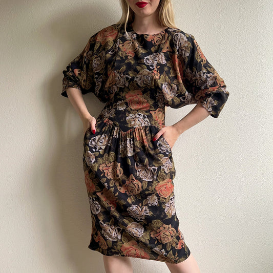1980s Black Dress With Autumnal Rose Print (M)