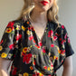 Flirty 1980s Black Dress With Floral Print (M/L)