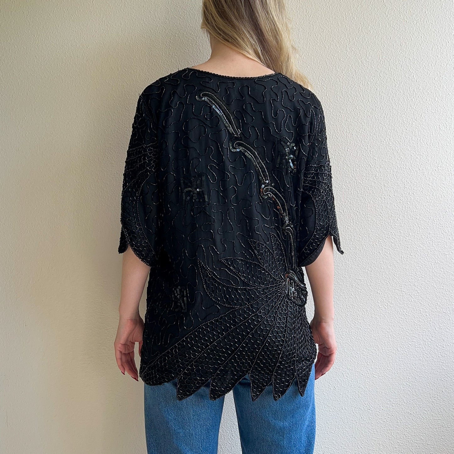 1980s Black Sequined Blouse With Dramatic Hemline (L/XL)