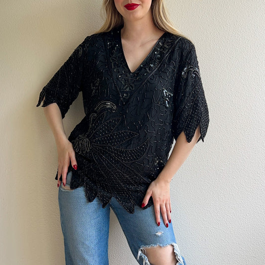 1980s Black Sequined Blouse With Dramatic Hemline (L/XL)
