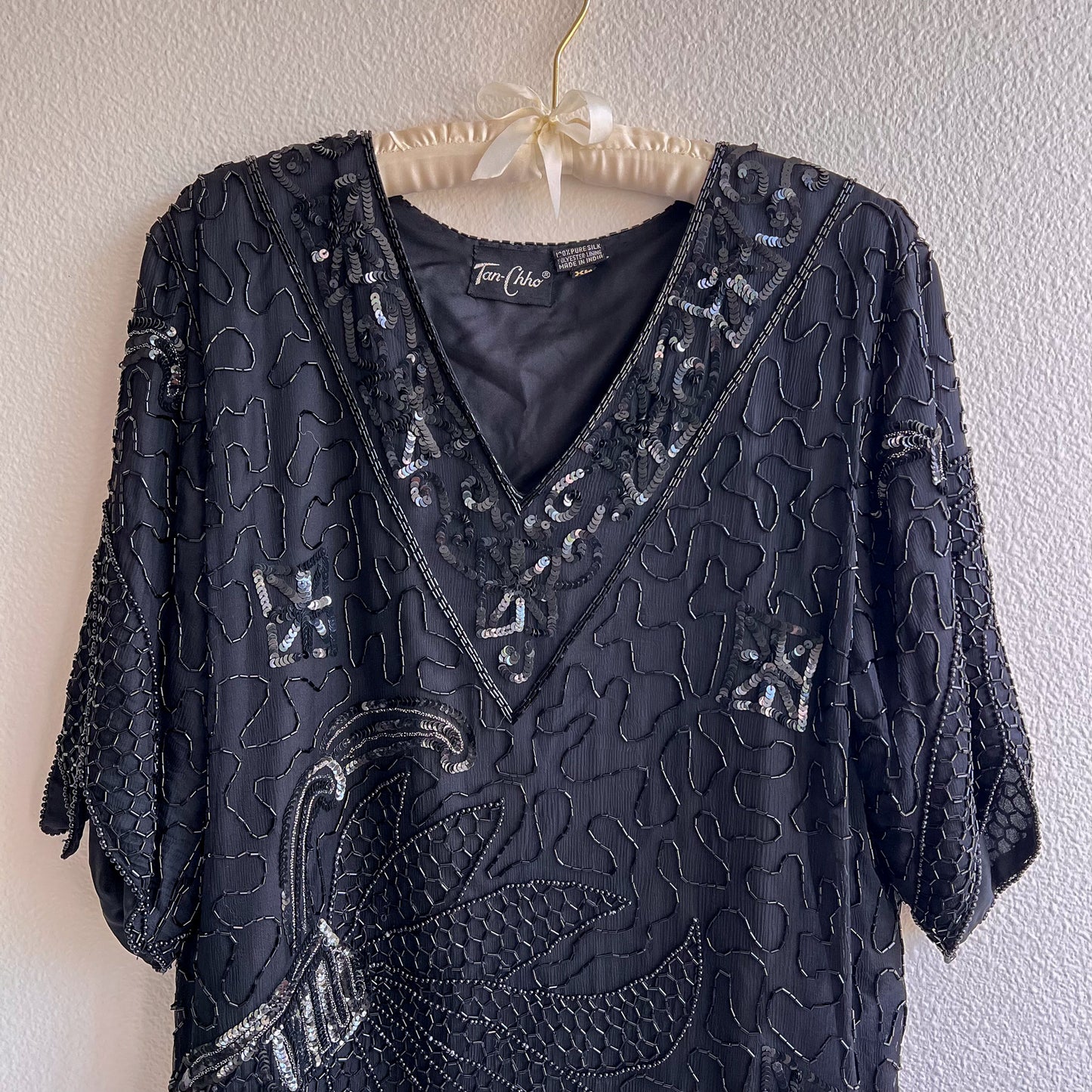1980s Black Sequined Blouse With Dramatic Hemline (L/XL)