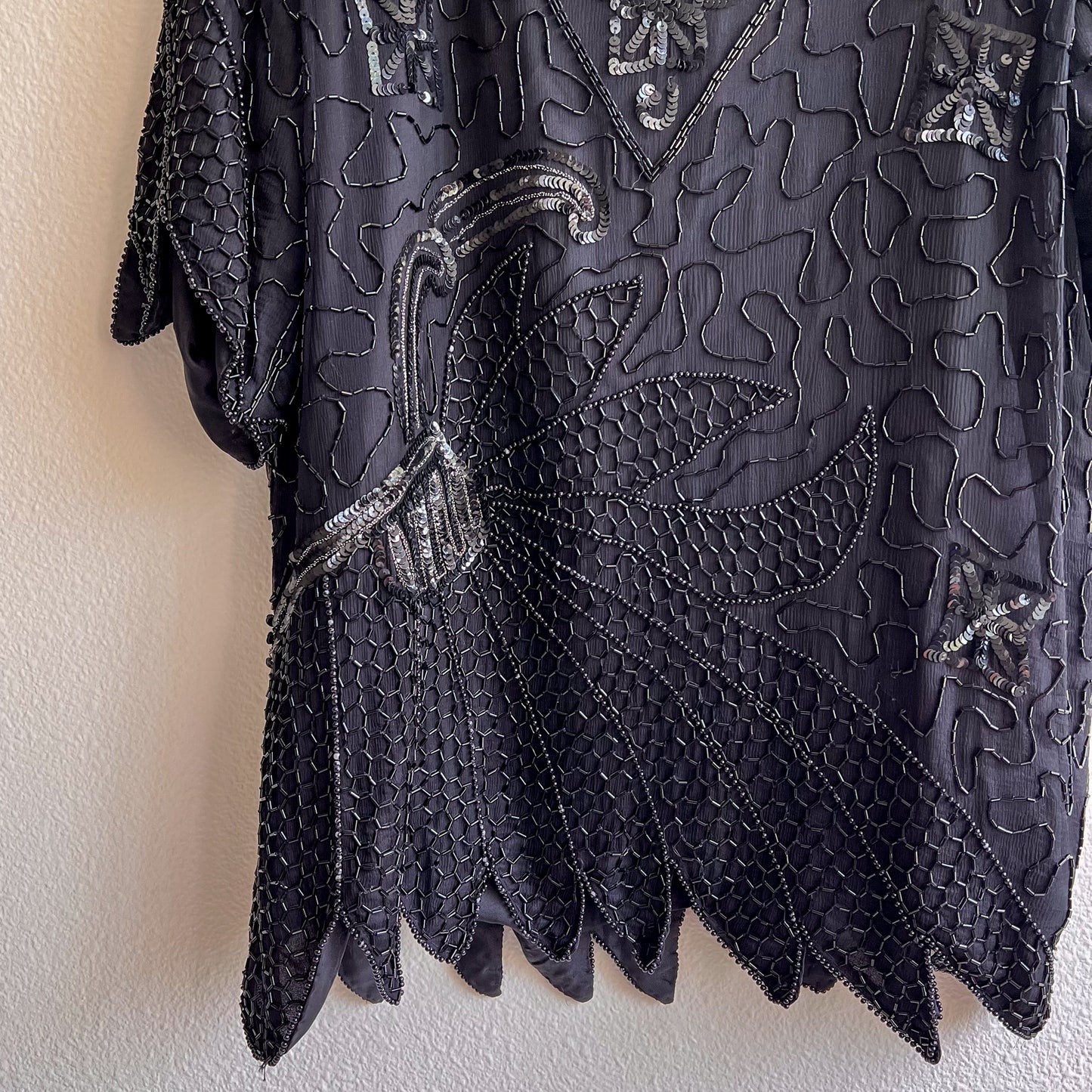 1980s Black Sequined Blouse With Dramatic Hemline (L/XL)