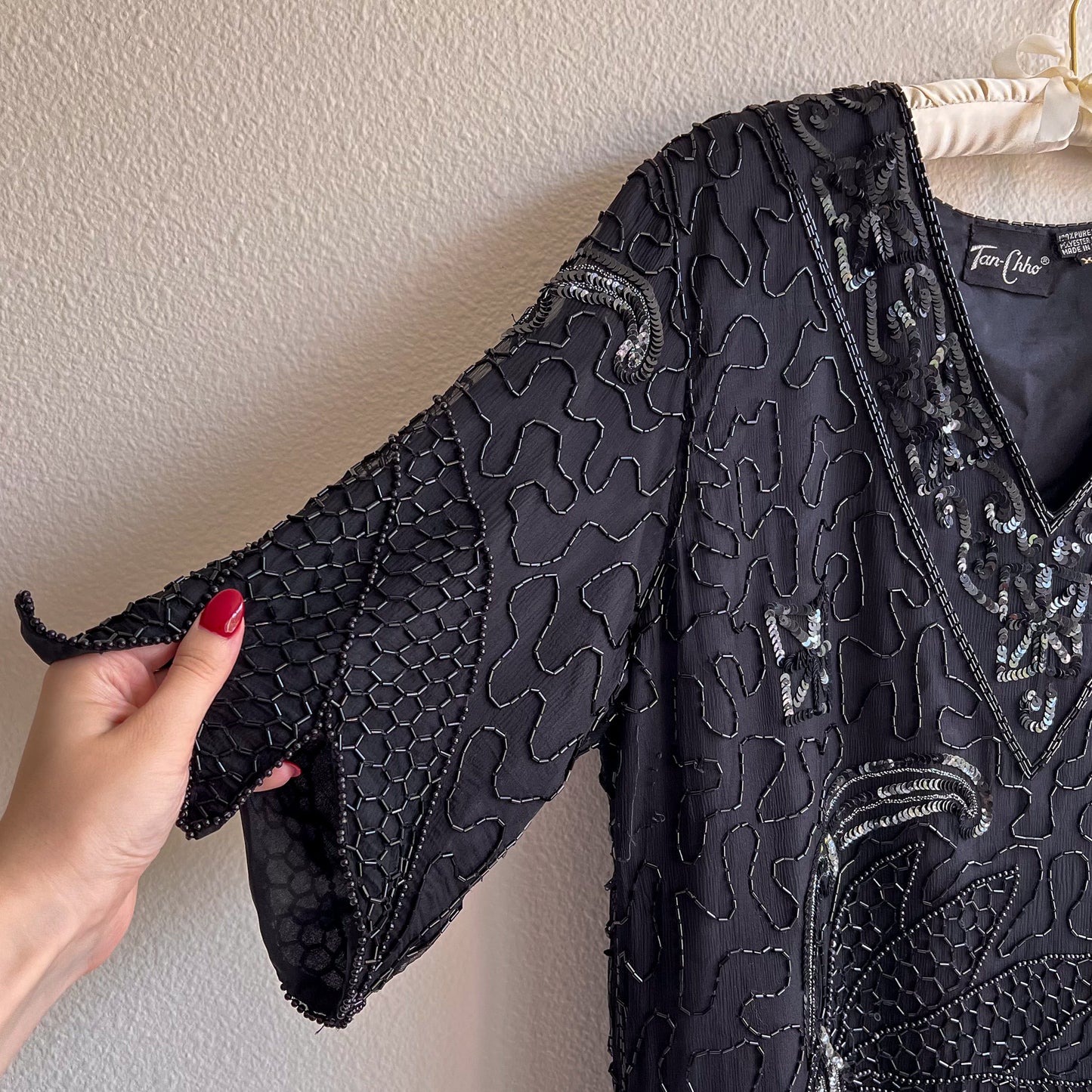 1980s Black Sequined Blouse With Dramatic Hemline (L/XL)