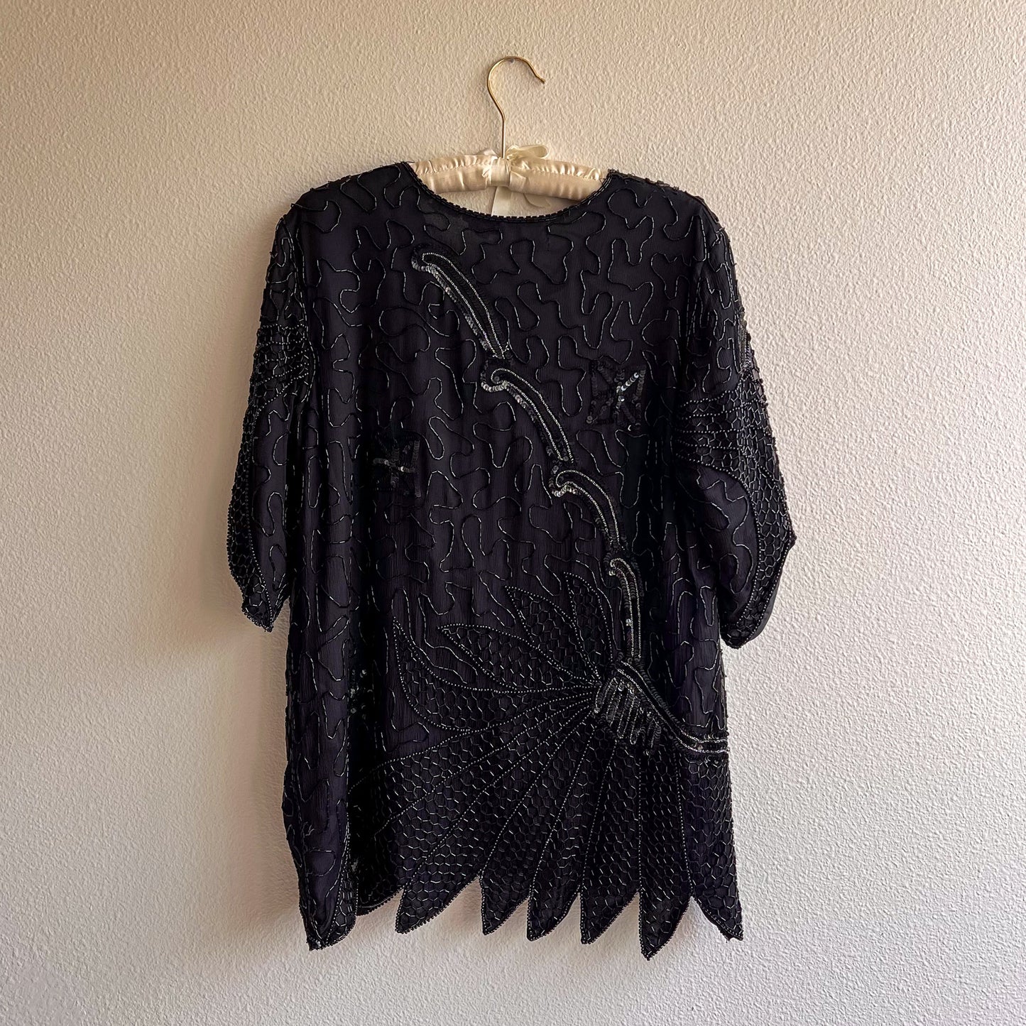 1980s Black Sequined Blouse With Dramatic Hemline (L/XL)