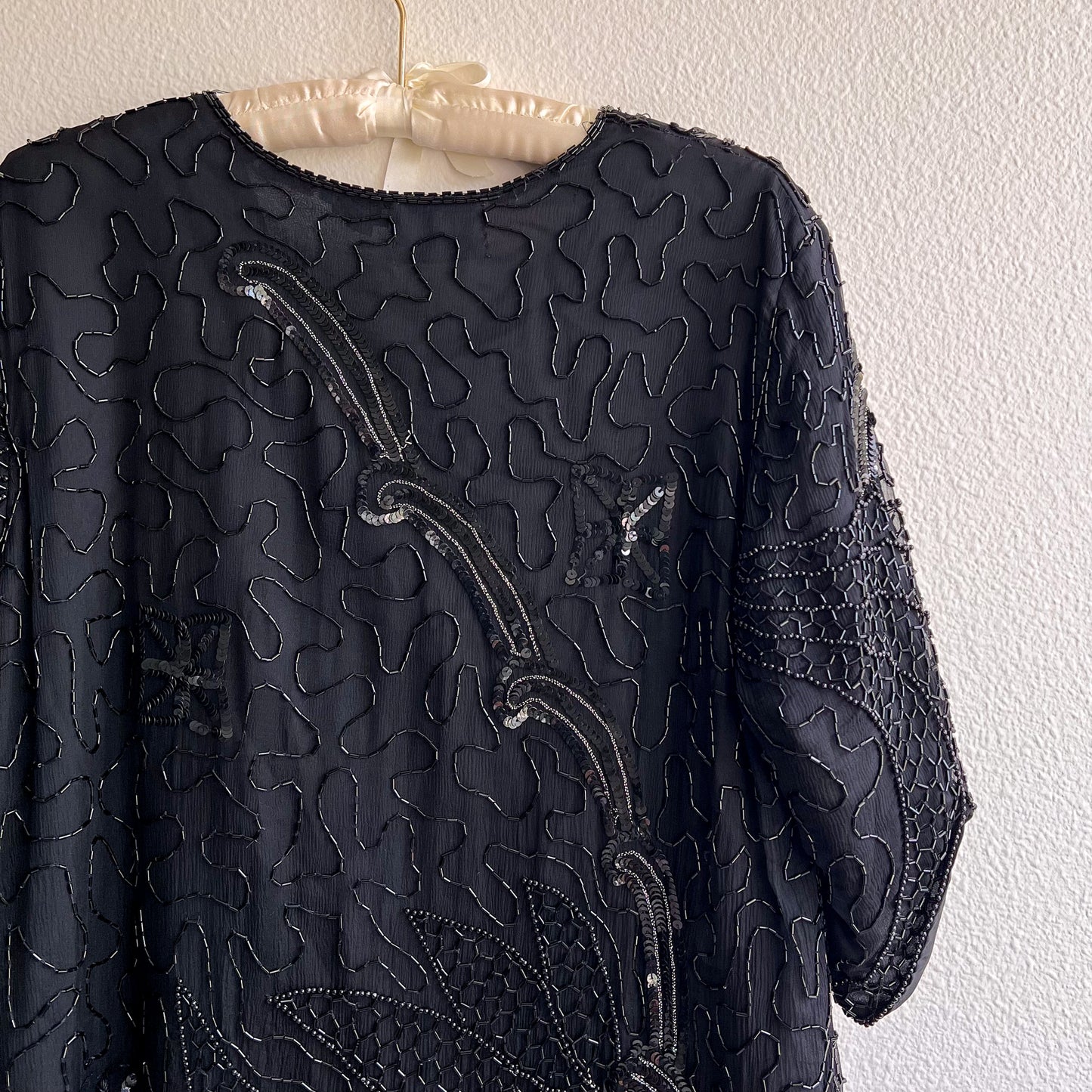 1980s Black Sequined Blouse With Dramatic Hemline (L/XL)