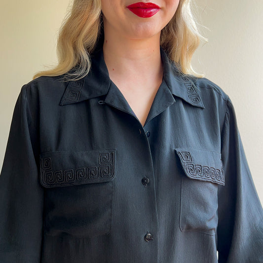 1980s Black Silk Blouse With Geometric Trim (M/L)
