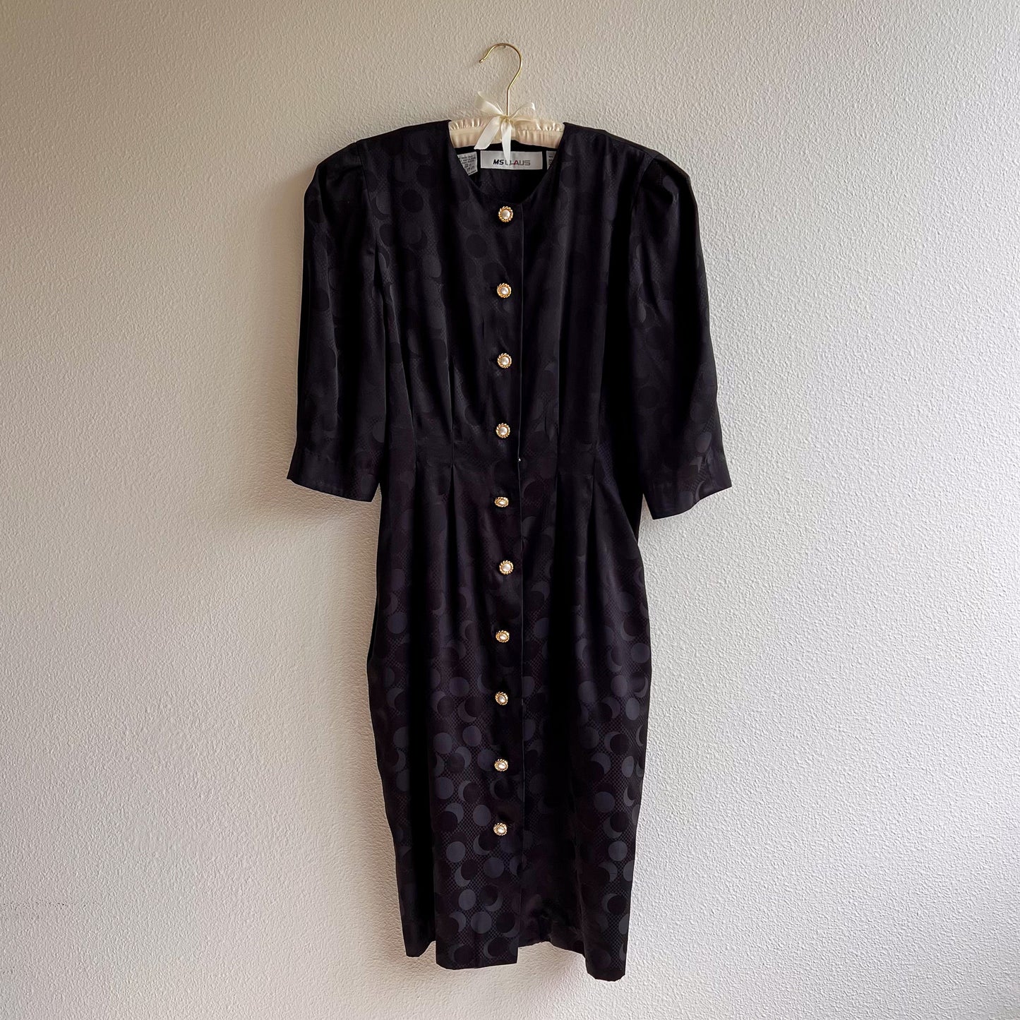Glamorous 1980s Black Satin Dress With Pearl Buttons (M)